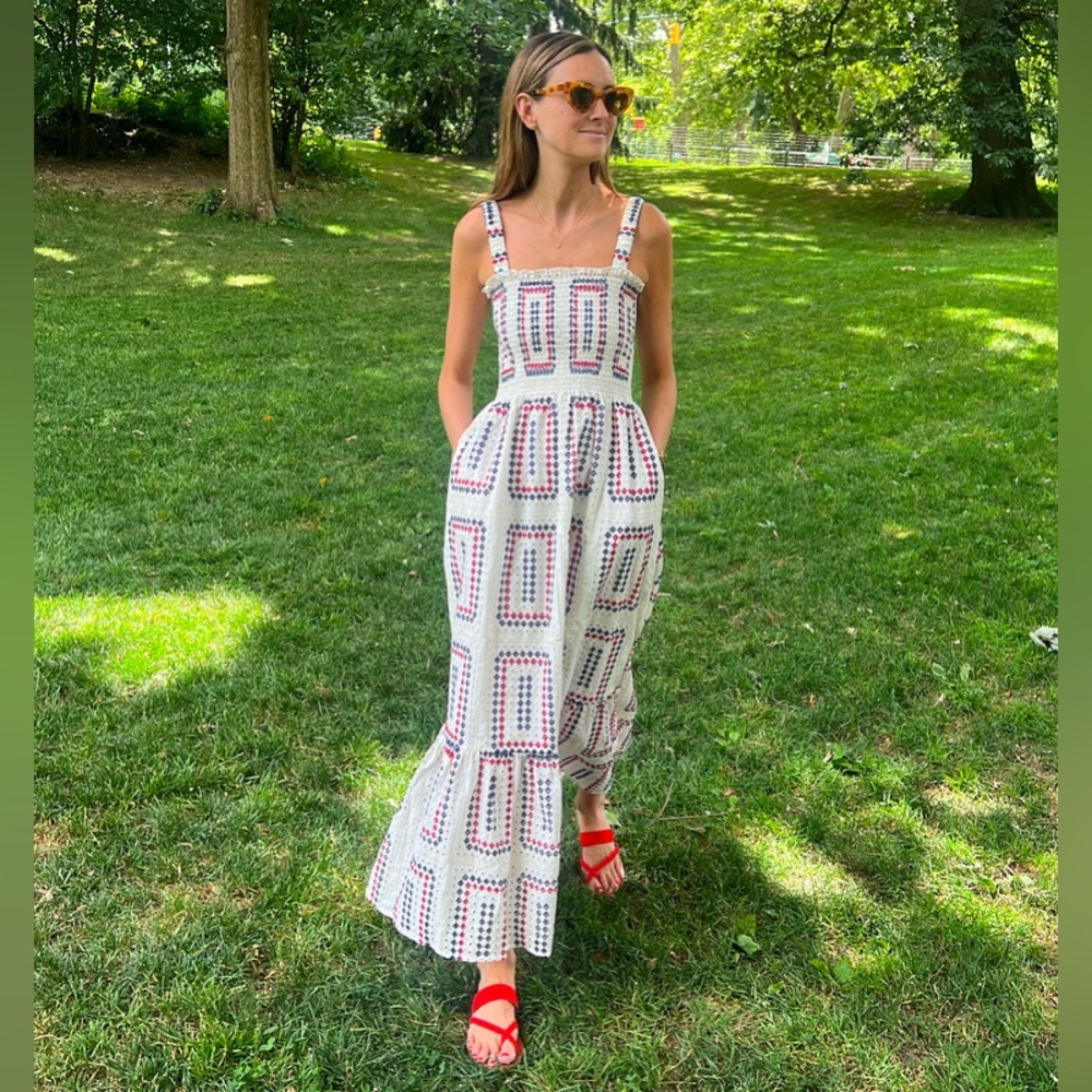 Hill House Anjuli Red, White and Blue Eyelet Maxi Dress